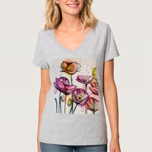 Rode Paarse roze papaverbloem Waterverf kunst T-shirt (Voorkant)