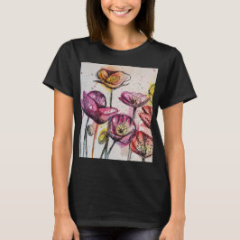 Rode Paarse roze papaverbloem Waterverf kunst T-shirt
