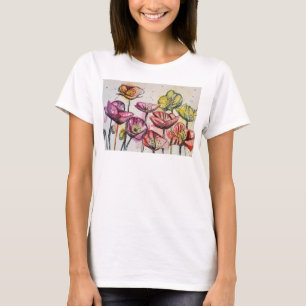 Rode Paarse roze papaverbloem Waterverf kunst T-shirt