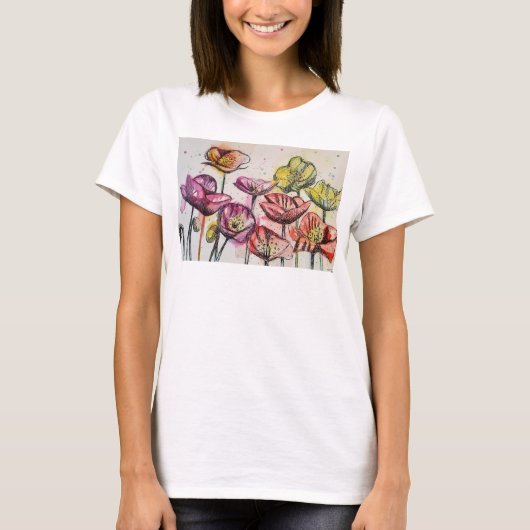 Rode Paarse roze papaverbloem Waterverf kunst T-shirt (Voorkant)