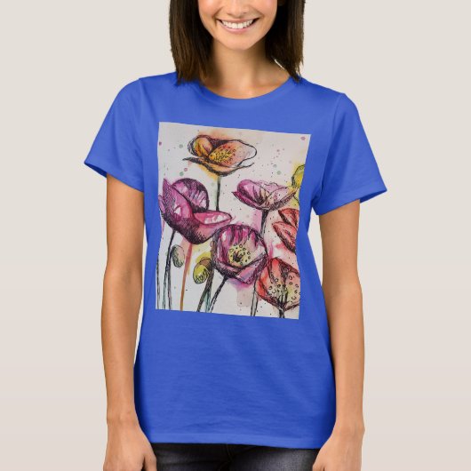 Rode Paarse roze papaverbloem Waterverf T-Shir T-shirt (Voorkant)
