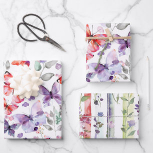 Rode Paarse Vlinders Bloemen Verjaardag Inpakpapier Vel