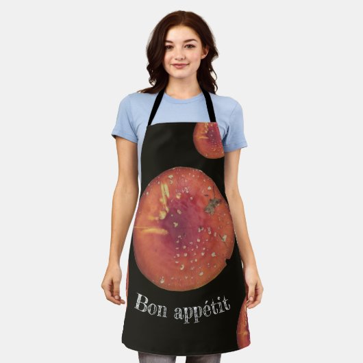 Rode paddenstoel schort (Gedragen)