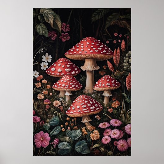 Rode paddenstoelen in een Fantasy Forest Poster (Voorkant)
