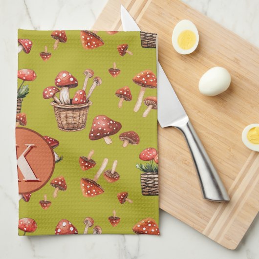 Rode Paddenstoelen Patroon Monogram Initiaal Theedoek (Quarter Fold)