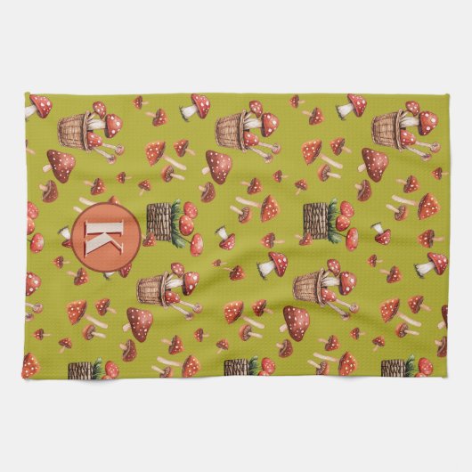 Rode Paddenstoelen Patroon Monogram Initiaal Theedoek (Horizontaal)