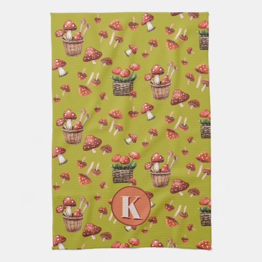 Rode Paddenstoelen Patroon Monogram Initiaal Theedoek (Verticaal)