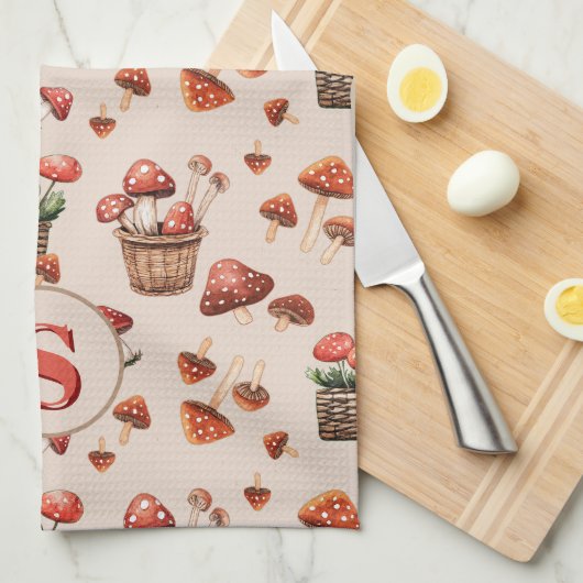 Rode Paddenstoelen Patroon Monogram Initiaal Theedoek (Quarter Fold)