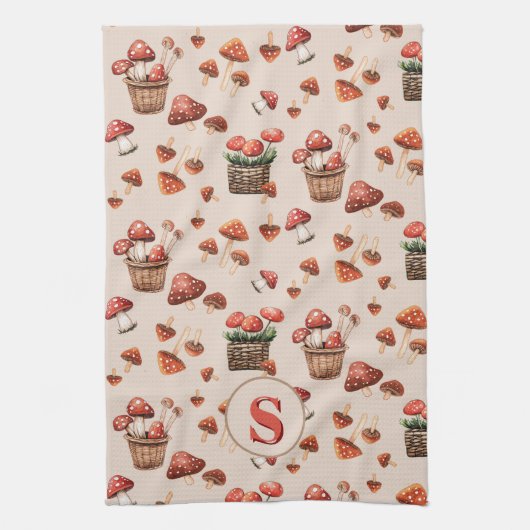 Rode Paddenstoelen Patroon Monogram Initiaal Theedoek (Verticaal)
