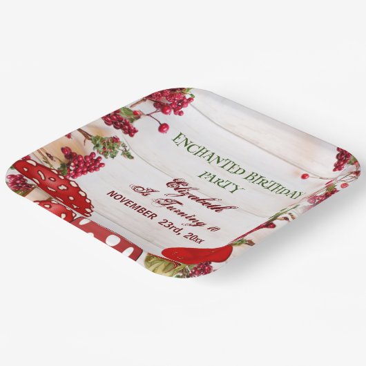 Rode Paddestoel Berry Garden Paddestoel Verjaardag Papieren Bordje (Gebogen)