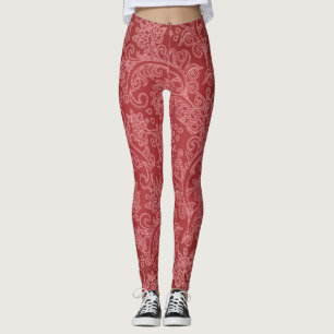 Rode Paisley Damast Ontwerper Bloemig Klassiek Vin Leggings