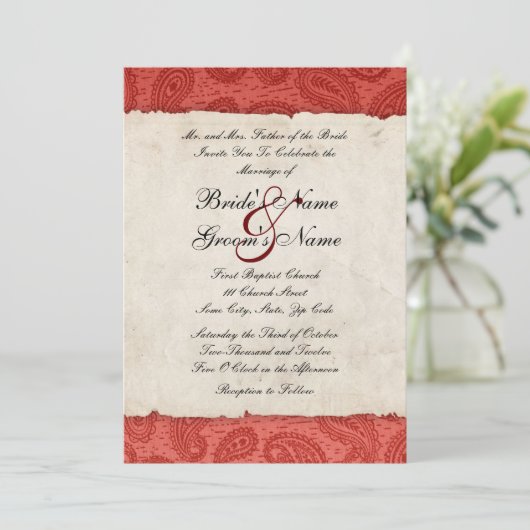 Rode Paisley Wedding Uitnodiging (Staand voorkant)