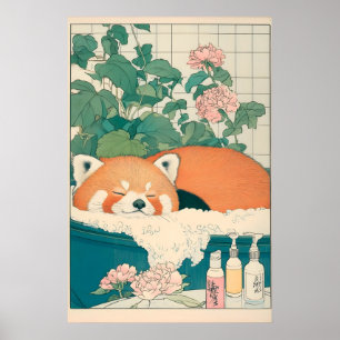 Rode Panda-badkamerprint Japanse Ukiyo-e-kunst Poster