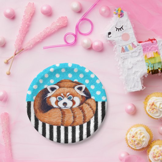 Rode panda-beer blauwe haarvlek papieren bordje (Feest)