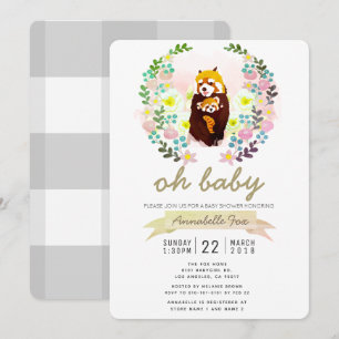 Rode Panda Bloemenkrans Baby shower Uitnodiging