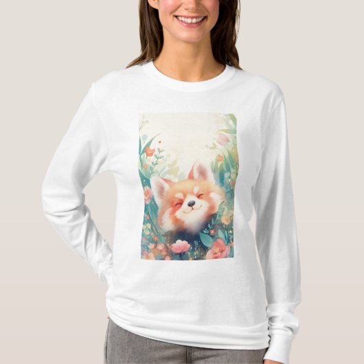 Rode Panda Bloemenspeeltuin T-shirt (Voorkant)