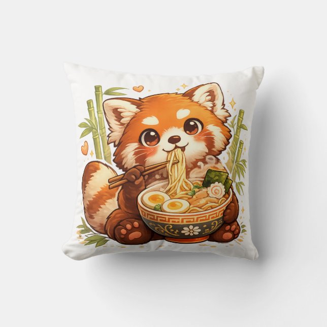 Rode Panda die Ramen eet – Schattige, Coole Noedel Kussen (Voorkant)