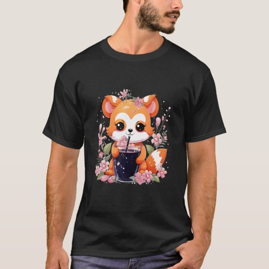 Rode Panda Drink Boba Tea Bubble Cherry Blossom T-shirt (Voorkant)