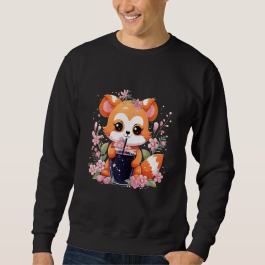 Rode Panda Drink Boba Tea Bubble Cherry Blossom Trui (Voorkant)