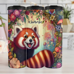 Rode panda in een bloemenrijk Lijst Thermosbeker