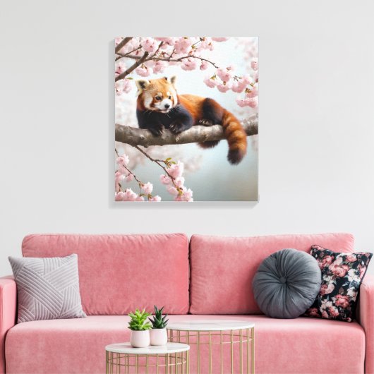 Rode panda in een kersenboom canvas afdruk (Insitu (Woonkamer))