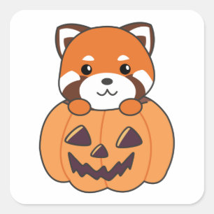 Rode Panda In Pompoen Leuke Panda's Gelukkig Hallo Vierkante Sticker