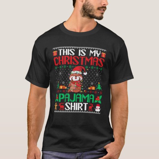 Rode Panda Kerst Xmas Pyjama Shirt Santa Hat Re (Voorkant)