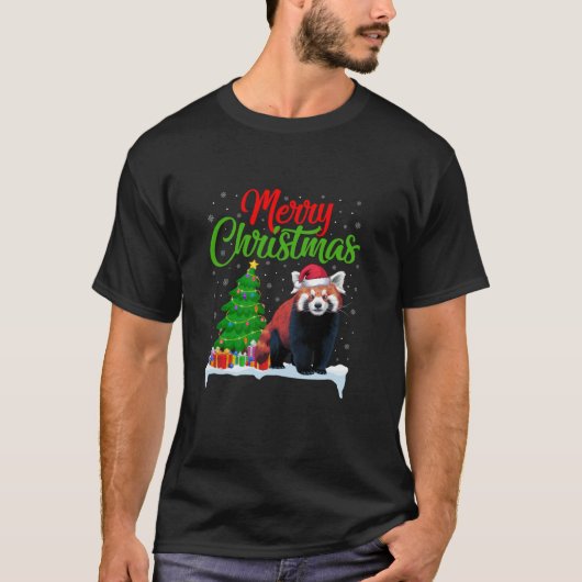 Rode Panda Kerstboom Lichten Grappige Xmas Rode Pa T-shirt (Voorkant)