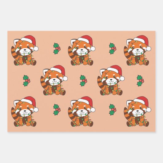 Rode Panda Kerstmis Winter Dieren Vakantie Panda's Inpakpapier Vel (Voorkant)