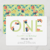 Rode Panda Lichtgroen 1e verjaardag Uitnodiging (Voorkant / Achterkant)