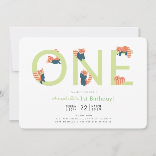Rode Panda Lichtgroen 1e verjaardag Uitnodiging (Voorkant)