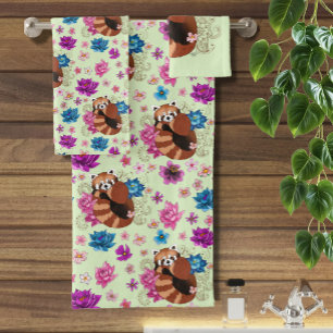 Rode Panda Lotus Bloemen Henna Bad Handdoek