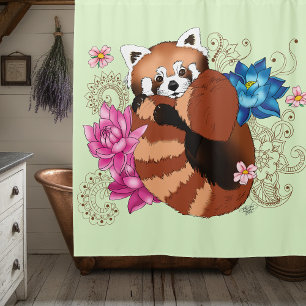 Rode Panda Lotus Bloemen Henna Douchegordijn