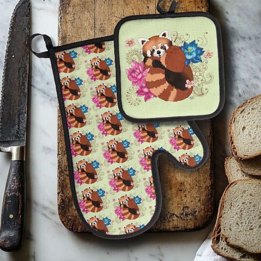 Rode Panda Lotus Bloemen Henna Ovenwant & Pannenlap Set