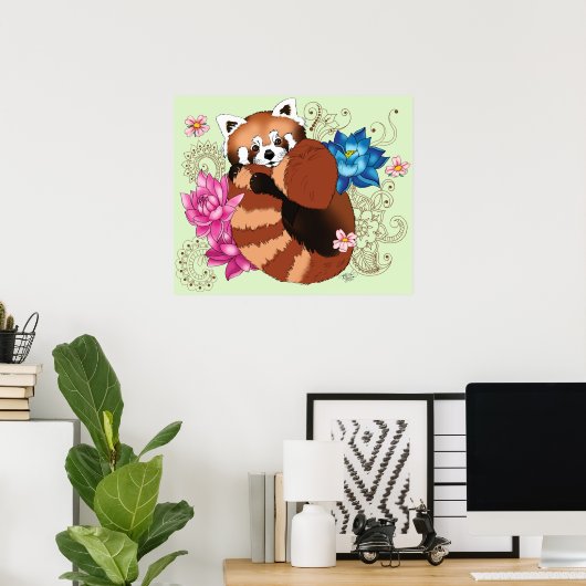 Rode Panda Lotus Bloemen Henna Poster (Thuiskantoor)