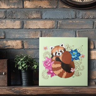 Rode Panda Lotus Bloemen Henna Tegeltje