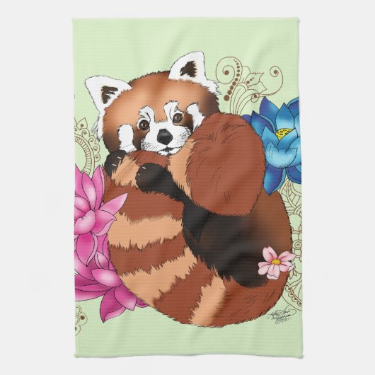 Rode Panda Lotus Bloemen Henna Theedoek (Verticaal)