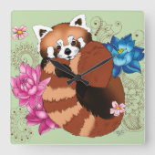 Rode Panda Lotus Bloemen Henna Vierkante Klok (Voorkant)