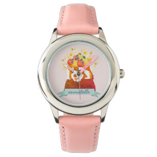 Rode Panda met Bloem Kroon Roze Horloge