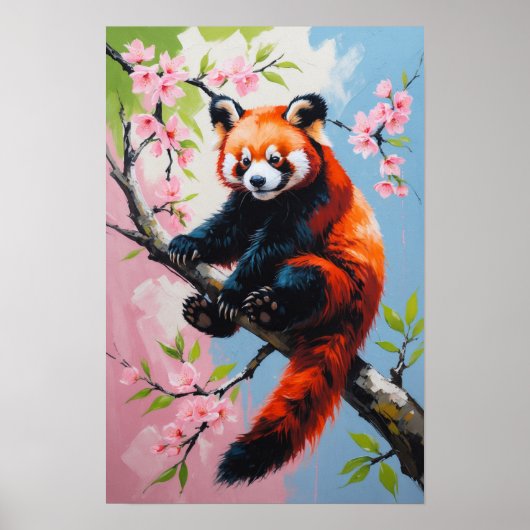 Rode panda op bloeiende boom Cute dierenkunst Poster (Voorkant)