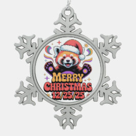 Rode Panda Prettig Kerstfeest 12/25/25 Tin Sneeuwvlok Ornament