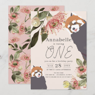 Rode Panda Roze Bloemen Meisje 1e verjaardag Kaart