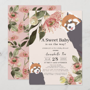Rode Panda Roze Bloemen Meisje Baby shower Kaart