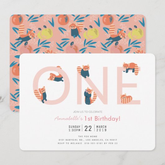 Rode Panda Roze Meisje 1e verjaardag Uitnodiging (Voorkant / Achterkant)