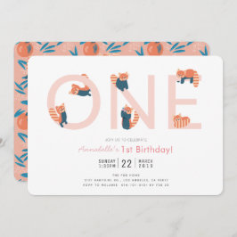 Rode Panda Roze Meisje 1e verjaardag Uitnodiging