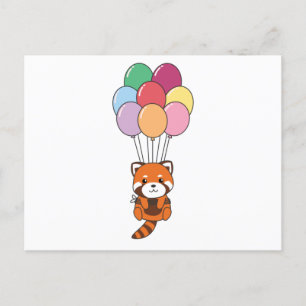 Rode panda vliegt op met kleurrijke ballonnen briefkaart