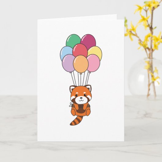 Rode panda vliegt op met kleurrijke ballonnen kaart (Gele Bloem)