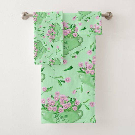 Rode pansies groene kom en achtergrond bad handdoek (Insitu)