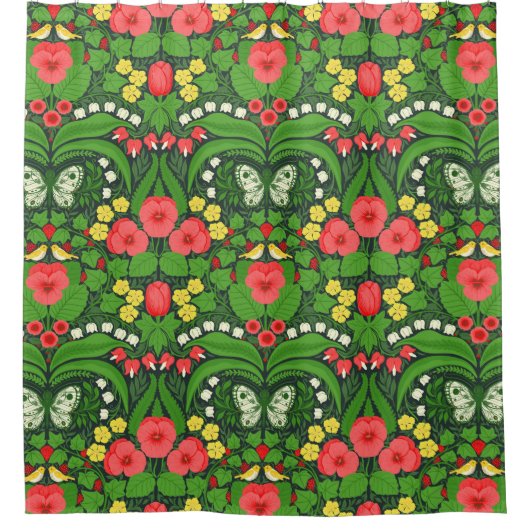 Rode pansies, vogels en vlinders douchegordijn (Voorkant)