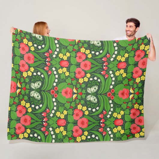 Rode pansies, vogels en vlinders fleece deken (In situ)